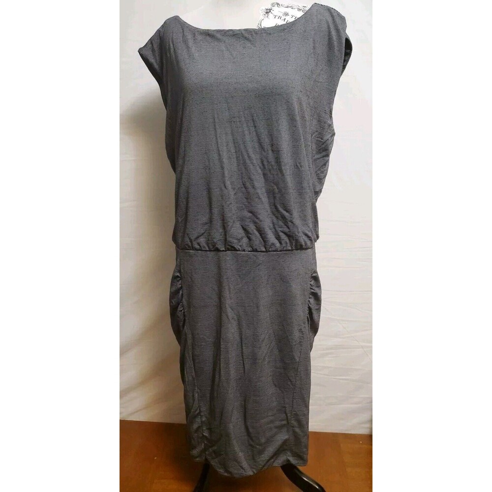 Athleta Westwood Micro Stripe Black & White Ruched Bodycon Dress Large 243062